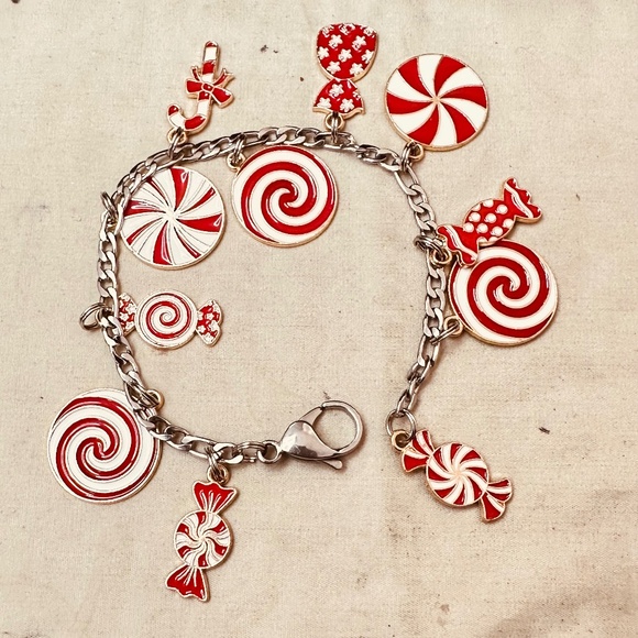 Hand Crafted Jewelry - Handcrafted Candy Cane Peppermint Charm Bracelet Holiday Enamel Red White Gold